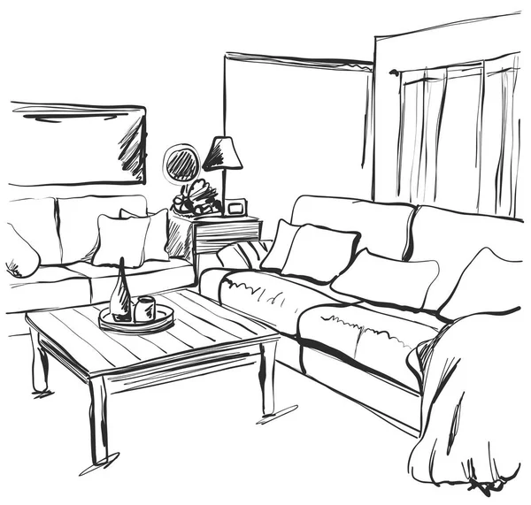Desenho interior do quarto desenhado à mão. Cadeira, sofá, mesa, vaso —  Vetores de Stock