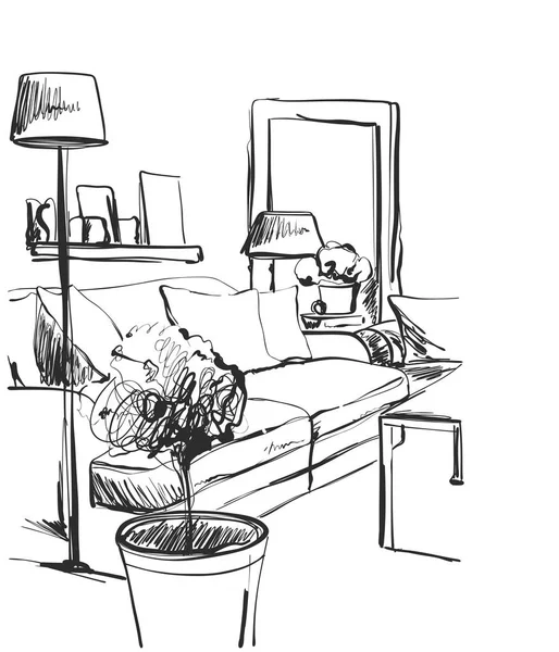 Ruky nakreslené místnosti interiéru skica. Křeslo, pohovka, stůl, květináče — Stockový vektor
