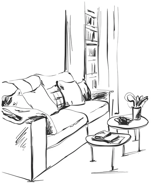 Esquisse intérieure de pièce dessinée à la main. Chaise, canapé, table, pot de fleurs — Image vectorielle