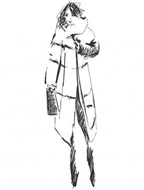 El çekilmiş sevimli kış, moda kroki, karikatür kız. Vektör çizim.