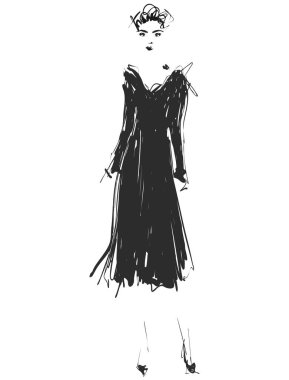 Vektör grafik tasarım için güzel genç kız modeli ile. Moda, Stil, gençlik, güzellik, kroki çizim. Seksi kadın. Elbise.