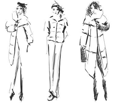 El çekilmiş sevimli kış, moda kroki, karikatür kız. Vektör çizim.