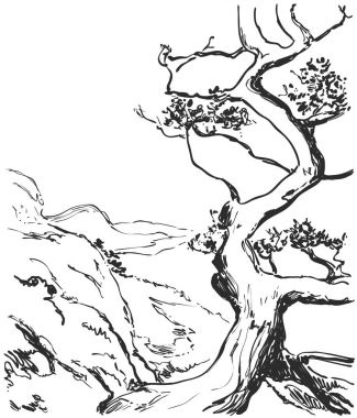 El yatay, ağaç ve tepeler çekilmiş. Boyama kitabı sayfası. Vektör çizimi