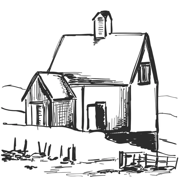 Casa de campo. Paisagem rural. Desenho de esboço . —  Vetores de Stock