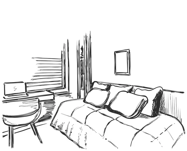 手绘室内素描。舒适的沙发和毛毯 — 图库矢量图片