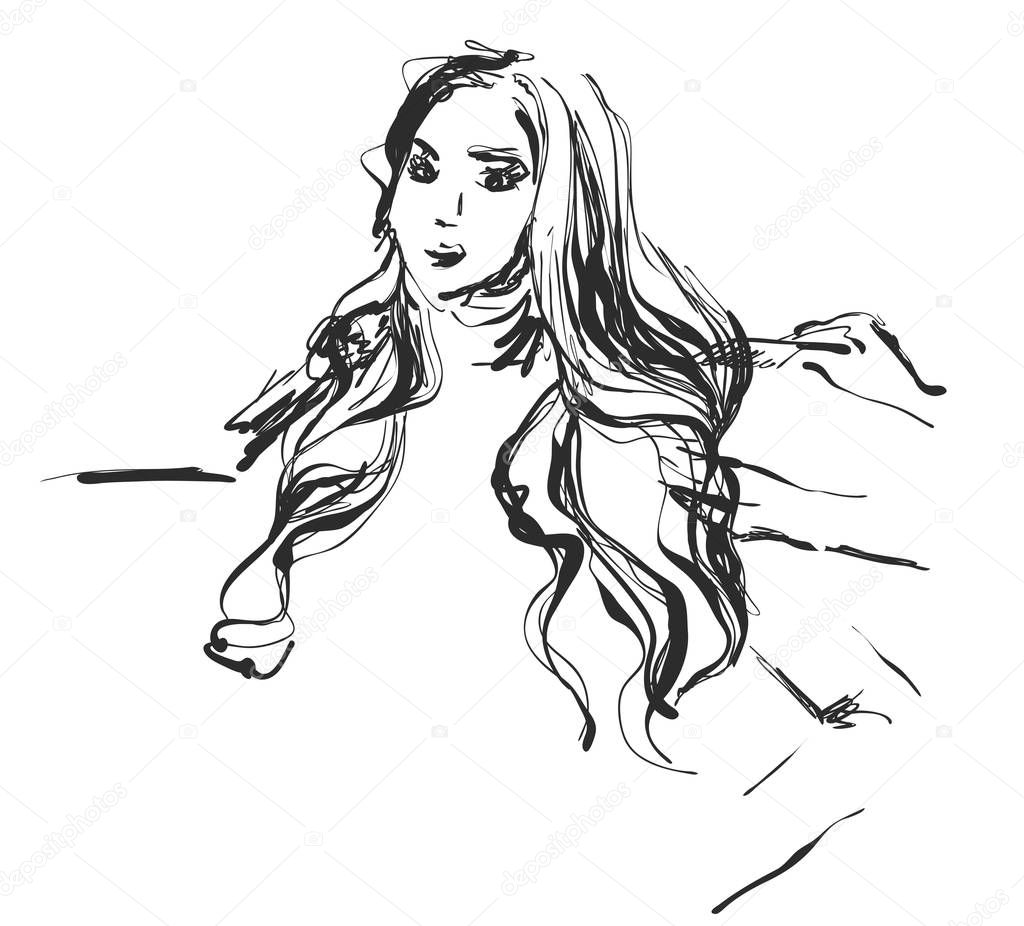 Girl With Stylish Hair sketch. Hairdresser or beauty salon logo.