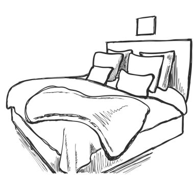 Yatak odası iç kroki. Elle çizilmiş mobilya.