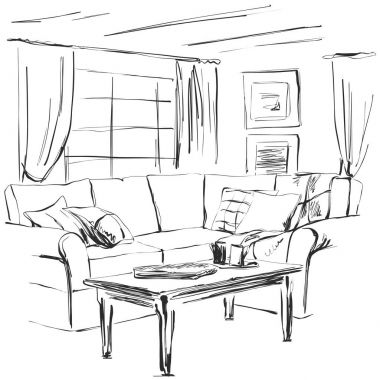 Elle çizilmiş oda iç kroki. Kanepe, Masa, pencere ve diğer mobilya