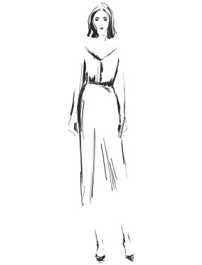 Vektör grafik tasarım için güzel genç kız modeli ile. Moda, Stil, gençlik, güzellik, kroki çizim. Seksi kadın. Elbise.