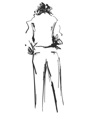 Moda modelleri el çekilmiş, stilize siluetleri üzerinde beyaz izole kroki.