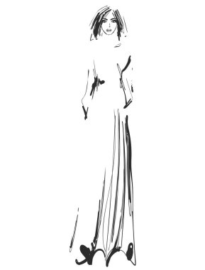 Vektör grafik tasarım için güzel genç kız modeli ile. Moda, Stil, gençlik, güzellik, kroki çizim. Seksi kadın. Elbise.