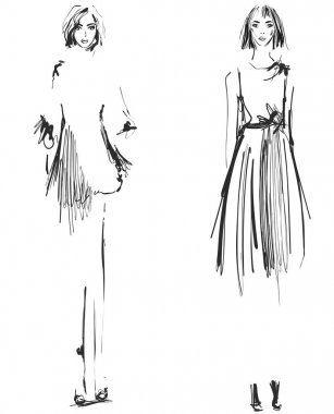 Güzel genç girll tasarımı için. Moda model, Stil, kroki çizim. Seksi kadın. Elbise.