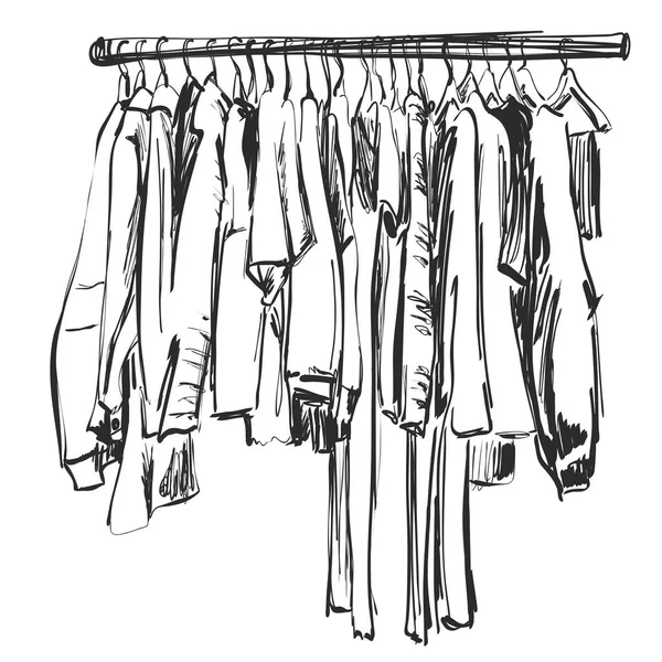 Hand drawn wardrobe sketch. Clothes on the hanger — Stock Vector