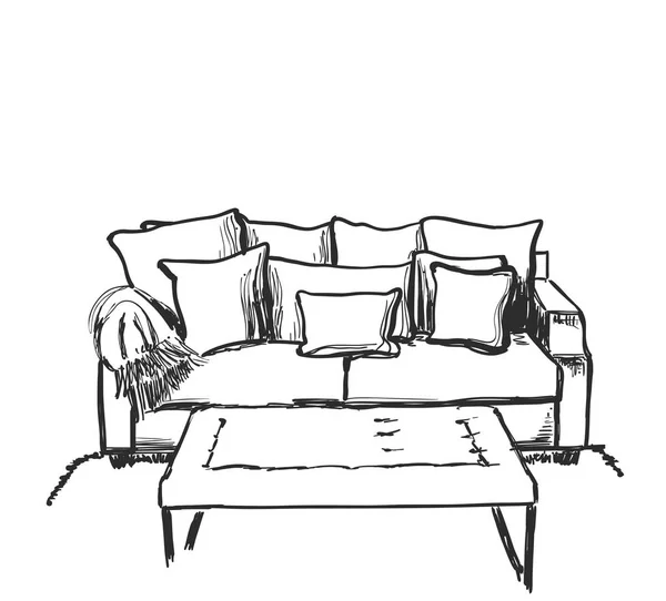 Sofá e mesa sobre fundo branco. Ilustração vetorial em estilo esboço . —  Vetores de Stock