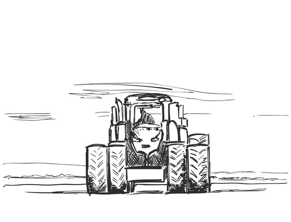 Paisaje con boceto de tractor. Maquinaria agrícola extraída a mano — Vector de stock