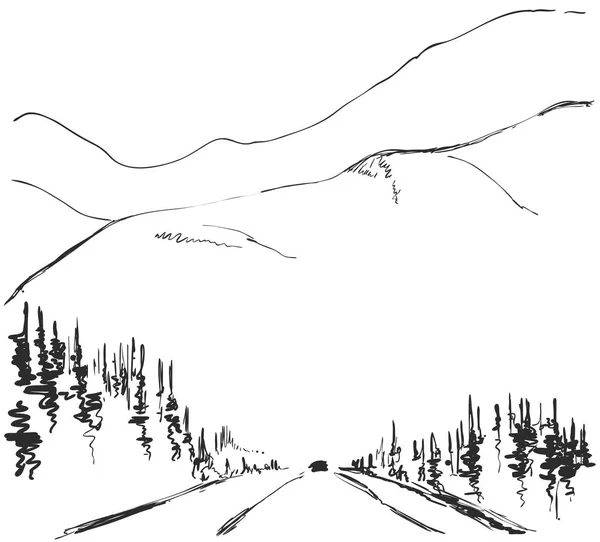 Ilustração vetorial. Montanhas desenhadas à mão esboçam paisagem com estrada e árvore. Desenho da linha . — Vetor de Stock