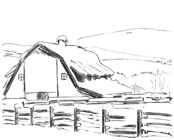 Casa de campo. Paisagem rural. Desenho de esboço . —  Vetores de Stock