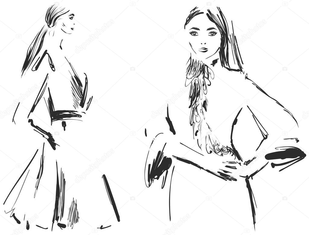 Vector graphic with beautiful young girl model for design. Fashion, style, youth, beauty, sketch drawing. Sexy woman. Dress.