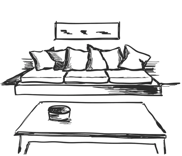 Sofa und Tisch auf weißem Hintergrund. Vektorillustration im Skizzenstil. — Stockvektor