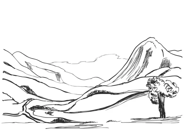 Гірський пейзаж з засніженим хребтом, стиль ескізу намальований вручну Векторні ілюстрації — стоковий вектор