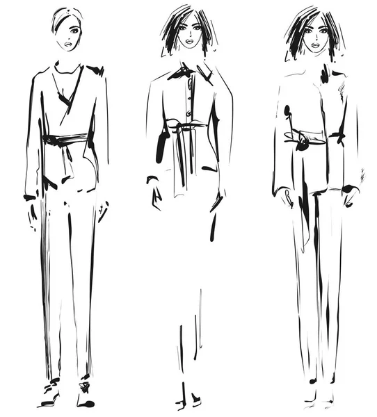 ファッション モデル。スケッチ。ベクトルの図。パンツとスーツの女の子 — ストックベクタ