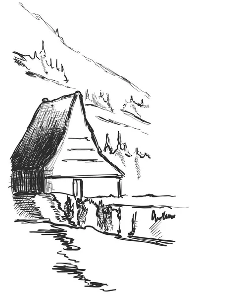黒と白のファンタジーの風景です。家と山 — ストックベクタ