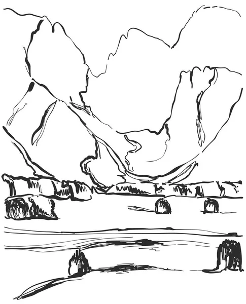 Landskap skiss. Handritad berg och fält — Stock vektor