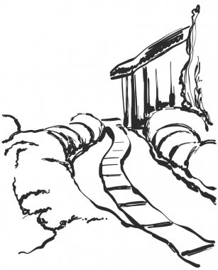 Vektör çizim yaz, yola yakın ev yatay. Yolu kroki