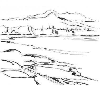 Vektör çizim. Elle çizilmiş dağlar peyzaj çim ve nehir ile kroki. Çizgili Tema.