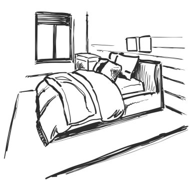 Yatak odası iç kroki. Elle çizilmiş mobilya.