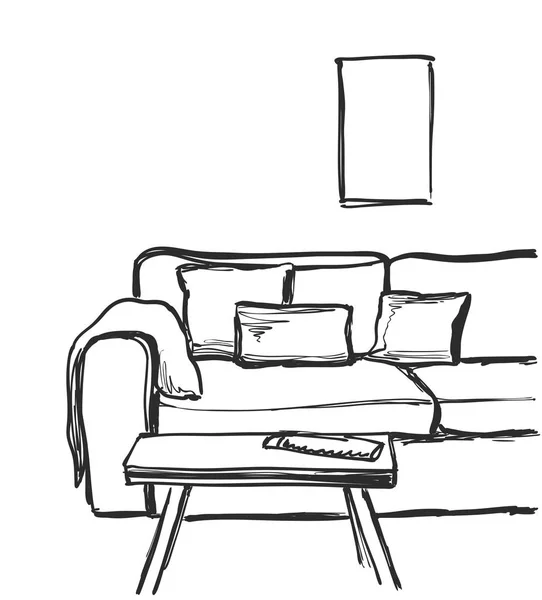 Sofa dan meja di latar belakang putih. Ilustrasi vektor dalam gaya sketsa . - Stok Vektor