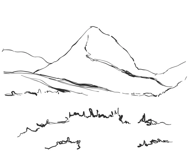 Illustrazione vettoriale. Montagne disegnate a mano schizzo paesaggio con erba e albero. Progettazione linea . — Vettoriale Stock