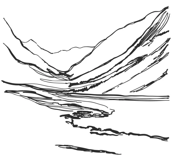 ベクトルの図。手描きの山は、草や木のある風景をスケッチします。ライン デザイン. — ストックベクタ