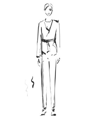 Bir modeldir. Kroki. Vektör çizim. Pantolonlu takım elbiseli kız