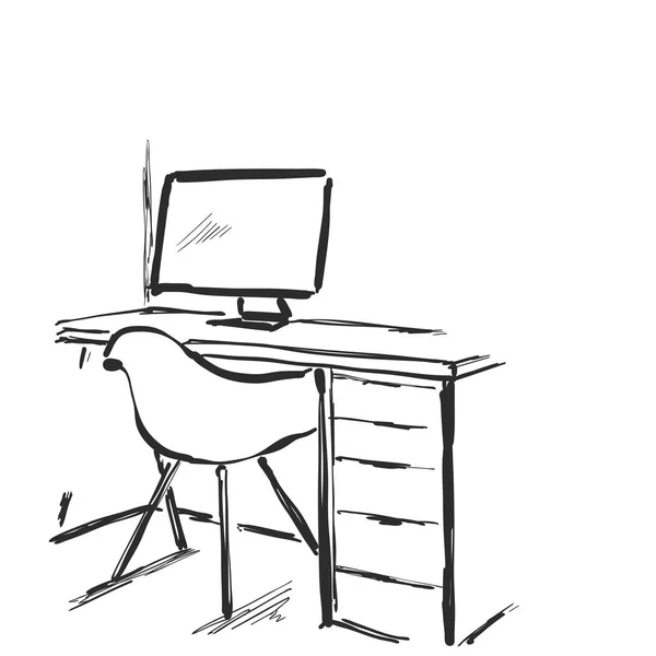 Stůl s počítačem nebo pracoviště nakreslil doodle styl. — Stockový vektor