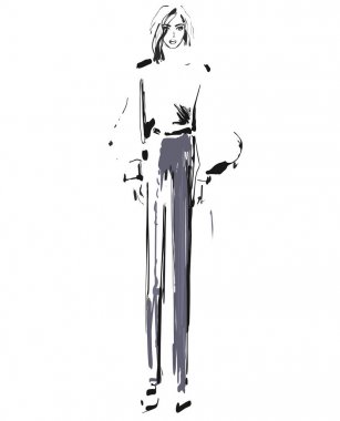 Bir modeldir. Kroki. Vektör çizim. Kız gömlek ve pantolon