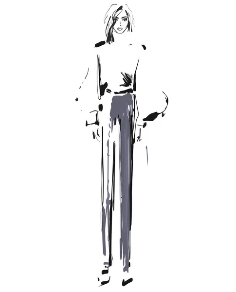 Modelo de moda. Boceto. Ilustración vectorial. Chica en la camisa y los pantalones — Vector de stock