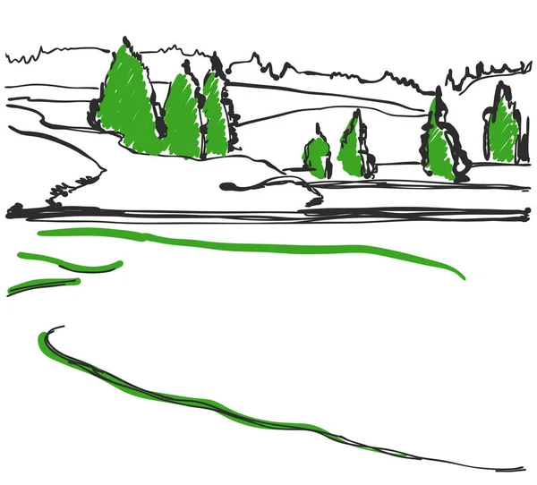 Lente in de bossen schets. Hand getrokken landschap — Stockvector