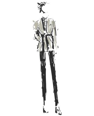 Bir modeldir. Kroki. Vektör çizim. Kız ceket ve pantolon