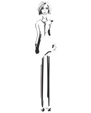 Güzel genç kız için tasarım. Moda modeli kroki çizim.