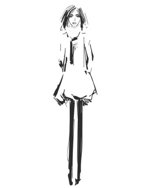 Güzel genç kız için tasarım. Moda modeli kroki çizim.