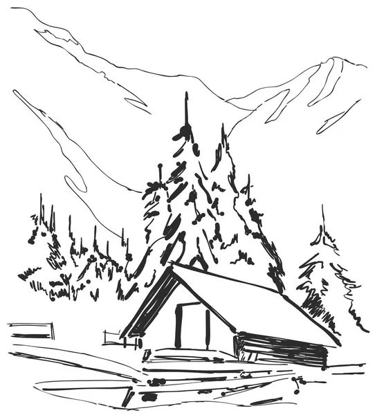 Cabine in legno in montagna paesaggio vettoriale illustrazione — Vettoriale Stock