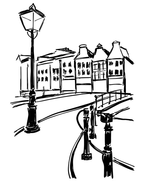 Straße mit alten Lampen in Kontrastfarbe Grafik. alte Stadtlandschaft mit Lichtern und Haus. Skizze für Vintage Card, Poster. — Stockvektor