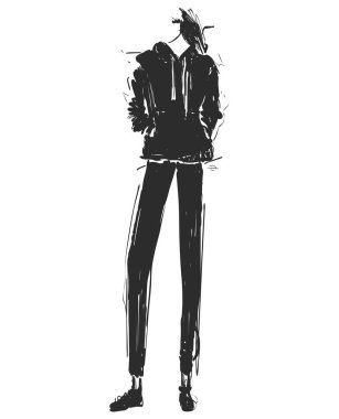 Bir modeldir. Kroki. Vektör çizim. Kız ceket ve pantolon