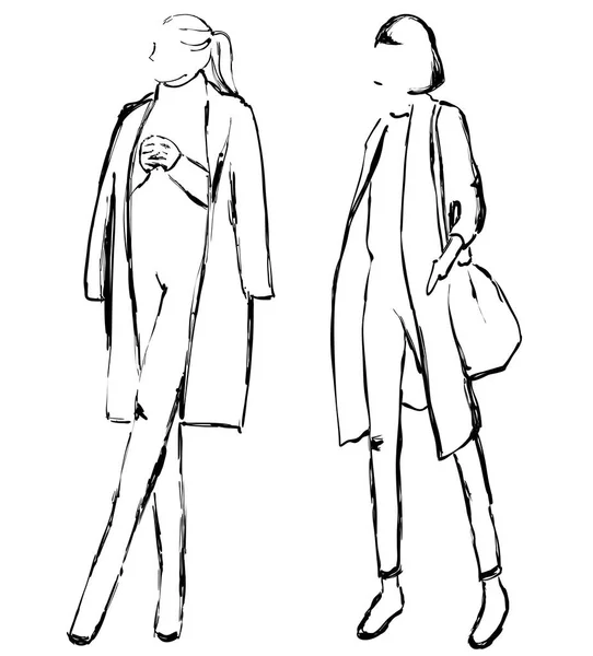 Gráfico vectorial con modelos de moda para diseño. Chicas en el abrigo. Esbozo . — Vector de stock