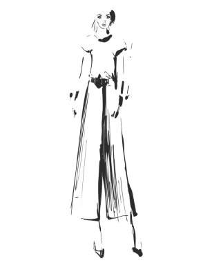 Güzel genç kız için tasarım. Moda modeli kroki çizim.