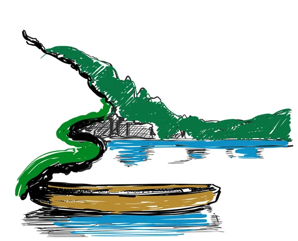 Barca in stile Doodle. Paesaggio con lago e foresta — Vettoriale Stock
