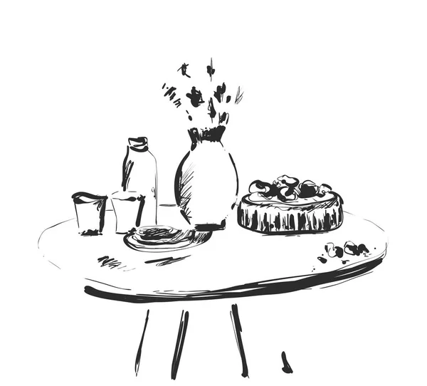 Set de table. Week-end petit déjeuner ou dîner. Plats dessinés à la main croquis — Image vectorielle