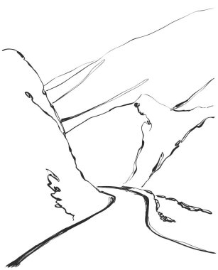 Kırsal kesimde yol. Elle çizilmiş yatay kroki. Dağlar