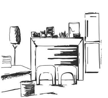 Elle çizilmiş odası iç. Okuma yer şömine ile kroki